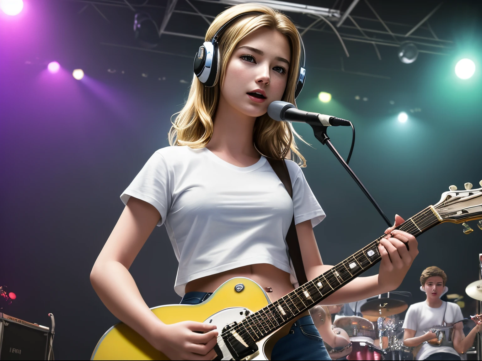top quality 32k raw photo of 18-year-old Emily VanCamp wearing white T shirt and jeans skirt and headphone. navel look. she is on the disco stage playing guitar. colorful lights,