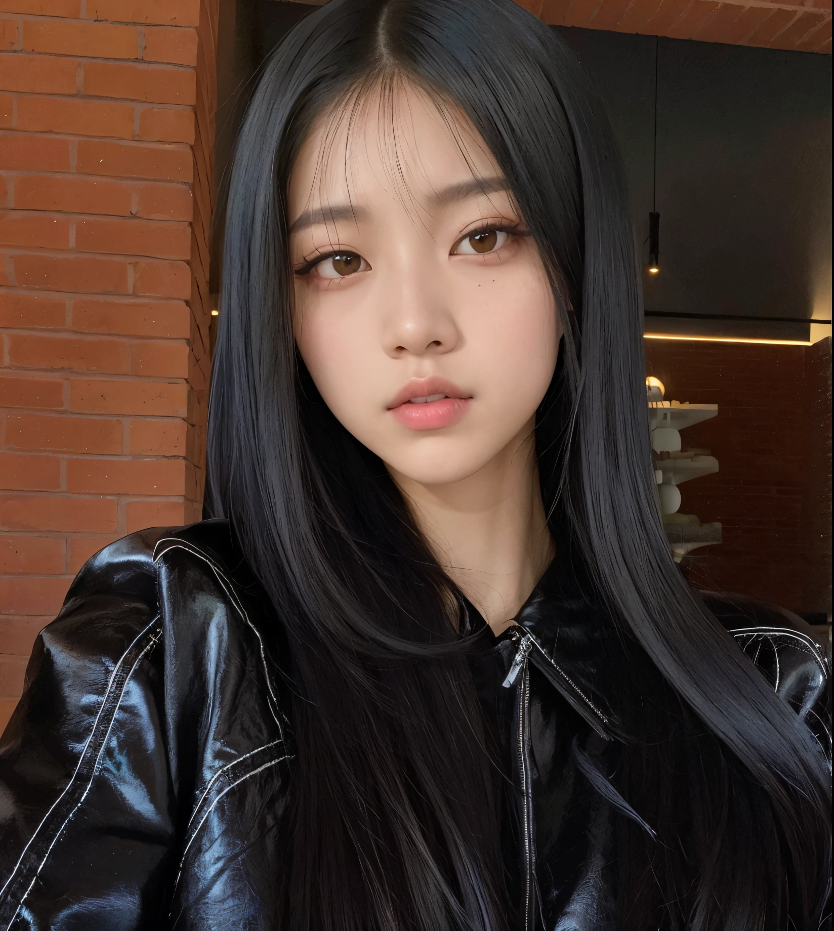 Arafed Mujer con cabello largo y negro y una chaqueta negra, Ella tiene el pelo negro con flequillo, ulzzang, cruel korean goth girl, Retrato de Jossi de Blackpink, Cabello largo y negro con flequillo, Chica coreana, con cara redonda, Jisoo de Blackpink, con el pelo largo, Retrato Jisoo Blackpink, Peinado blanco de corte hime, Cabello negro Hime cortado, Jisoo de Blackpink