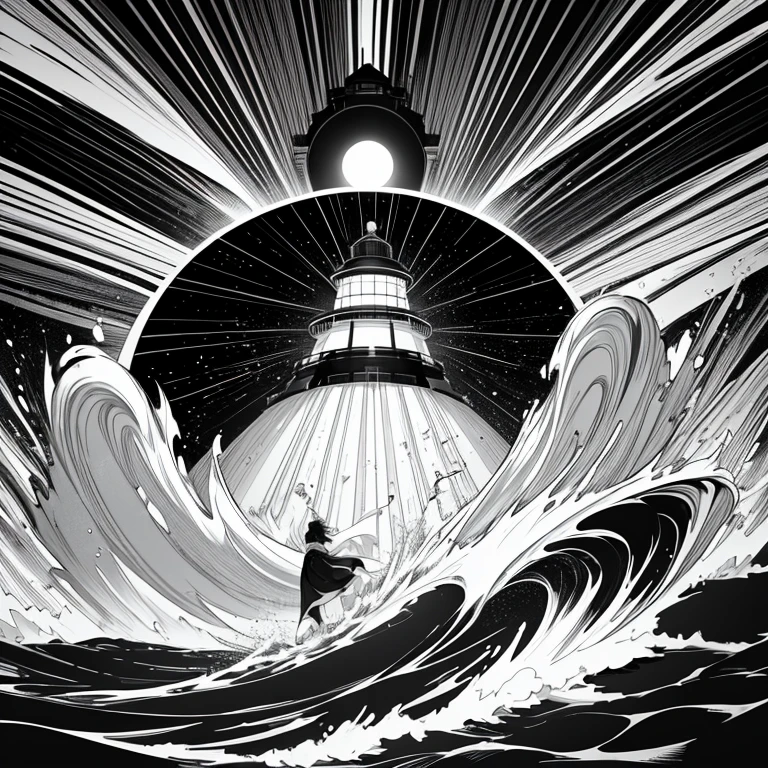 "Generate a black and white cartoon vector illustration of a lighthouse, com linhas grossas e poucos detalhes. Include elements like Iemanjá, ondas, energia, light and spirituality to create a minimalist and symbolic image, highlighting the connection between the lighthouse and spiritual and maritime elements."