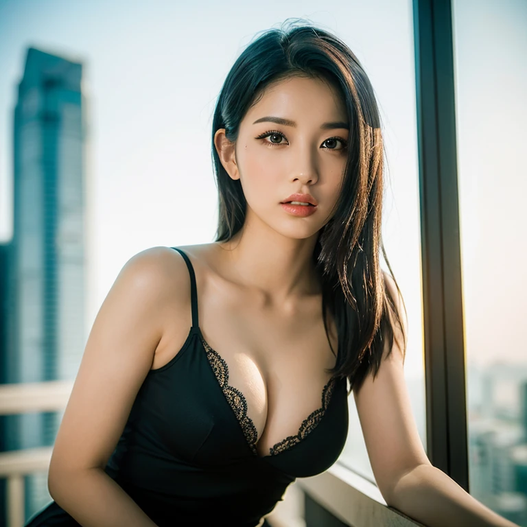 (masterpiece, best quality:1.4), (beautiful, aesthetic, perfect, delicate, intricate:1.2), (cute, adorable), (realistic:1.4), cinematic shot, (1girl, solo), (perfect female form, perfect face, thick lips, glossy lips, parted lips, expressive eyes, eyeliner), (long black straight hair), (huge natural breasts, narrow waists), glossy skin, bare shoulders, sweat, short dress, (posing, very sexy pose, sitting), Singapore background, golden hour light, begging