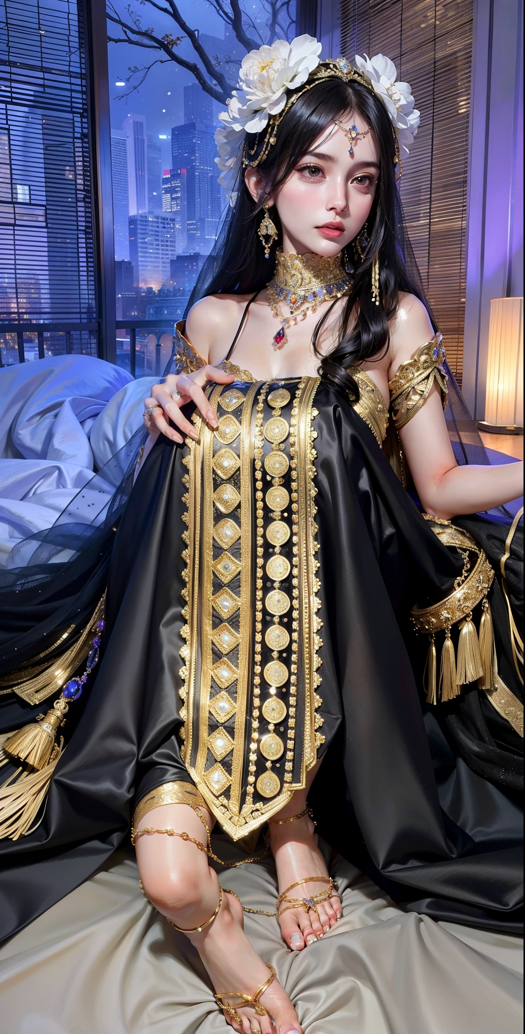 Imperial sister，A detailed eye，Detailed faces，mature face，Ripe body，Tall figure，alluring figure，legs long，4K，k hd，fleshy feeling，White translucent lace，Fair and plump figure，Nice face，Cherry small mouth，beautiful and delicious（3D royal sister)，Gorgeous dress encrusted with gemstones crystal gold diamonds，Normal toes，Anklets，Wearing a veil