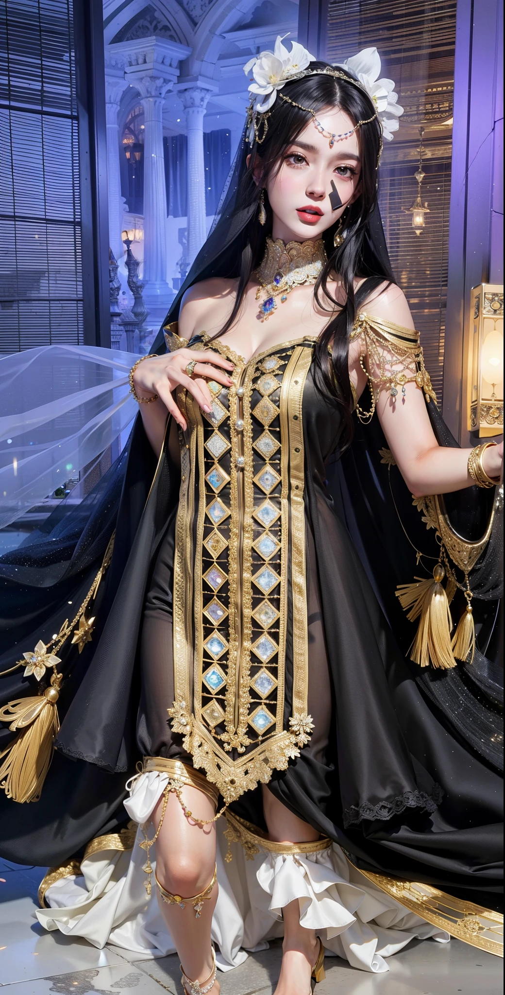 Imperial sister,A detailed eye,Detailed faces,mature face,Ripe body,Tall figure,alluring figure,legs long,4K,k hd,fleshy feeling,White translucent lace,Fair and plump figure,Nice face,Cherry small mouth,beautiful and delicious(3D royal sister),Gorgeous dress encrusted with gemstones crystal gold diamonds,Normal toes,Anklets,Wearing a veil