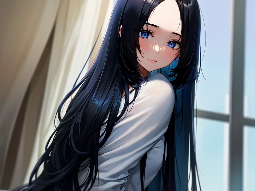 Beautiful woman with long black hair with a bluish tint