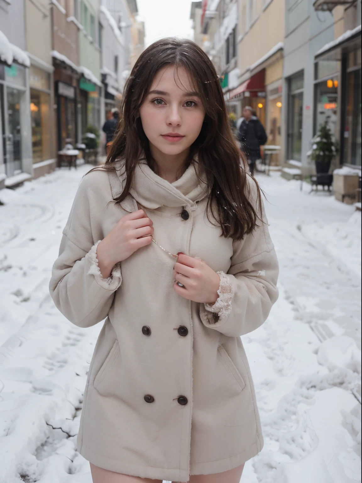 professional portrait photograph of a gorgeous Norwegian girl in winter clothing with long wavy blonde hair, aspecto coqueto sensual, gorgeous symmetrical face, Lindo maquillaje natural, Wear stylish and warm winter fashion clothes, ((De pie afuera en Snowy City Street)), Impresionante entorno urbano moderno, ultra realista, Arte conceptual, elegante, Altamente detallado, intrincado, foco nítido, Profundidad de campo, f/1. 8, 85mm, Plano medio, Plano medio, (((Grado de color profesional))), Luz difusa suave y brillante, (volumetric mist), Tendencias en Instagram, HDR 4K, 8k