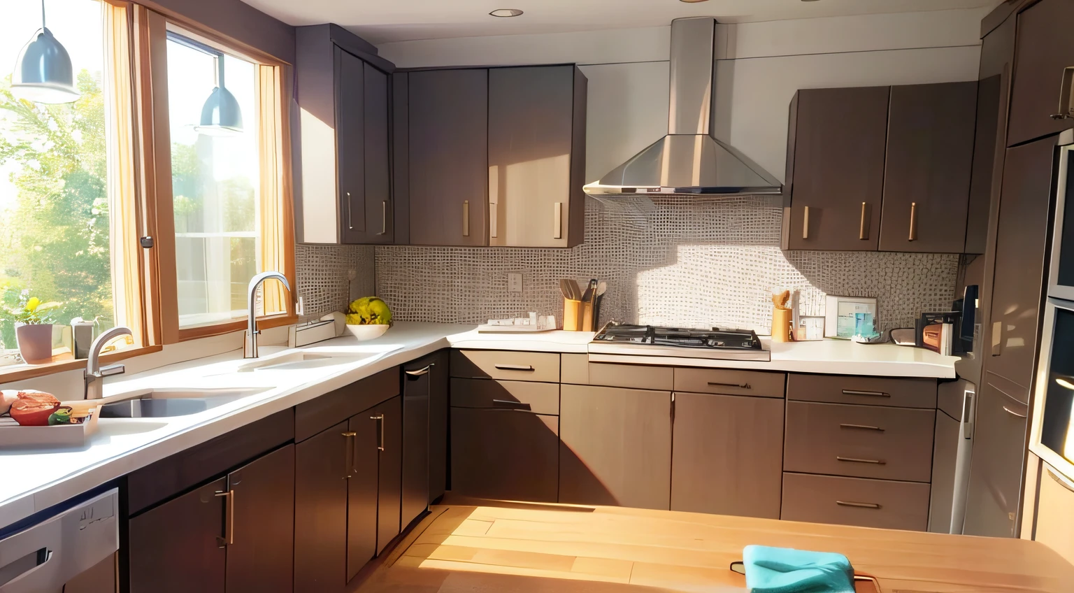 a modern cozy kitchen, weiche, niedliche Farben, Maximalismus, senior environmental artist