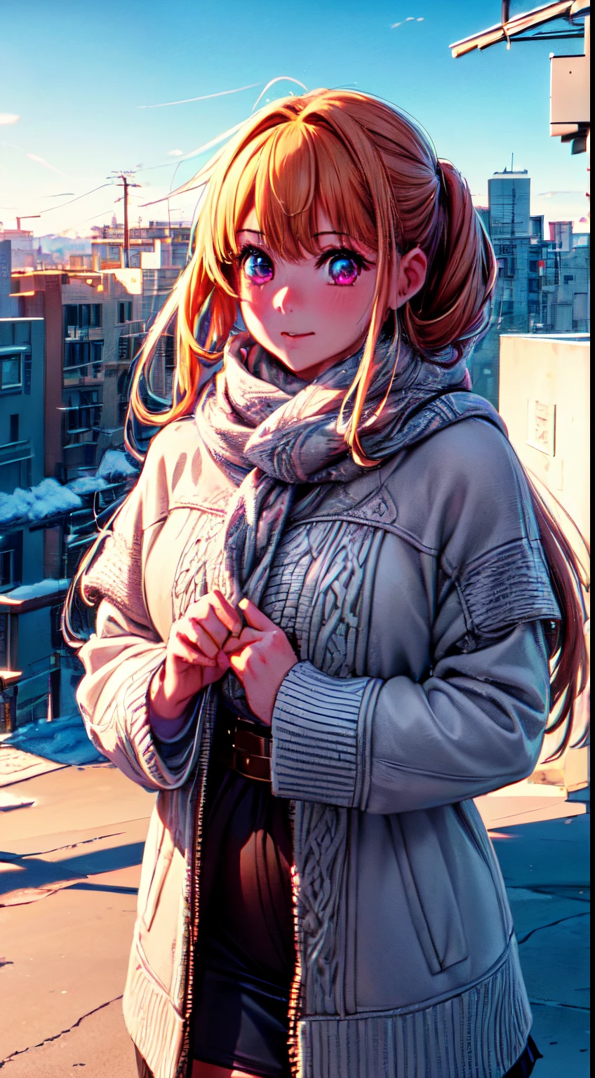 ((1woman,Best Quality), (Highly Detailed 8K Background), Highly Detailed, (Beautiful Detailed Eyes), ((Winter Clothes, Daylight, Winter))), (Cowboy Shot), Anime, City, Best Quality High detail, 4K