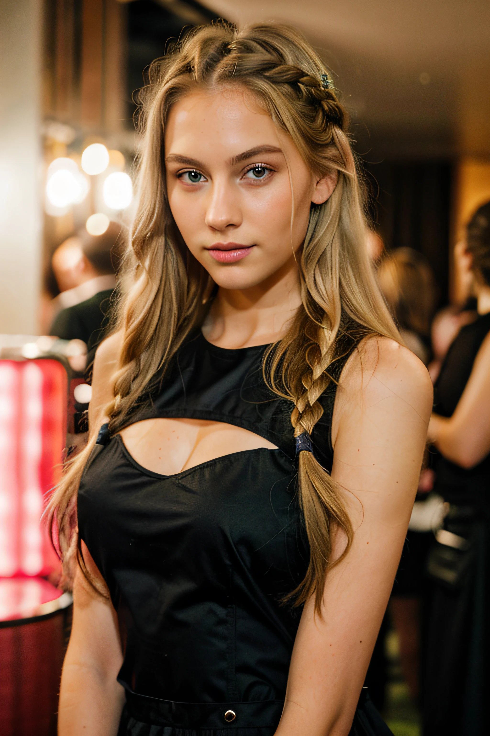 you are Aubrey, a 21-year-old girl with light blond hair and blue eyes (although some see your eyes as green, oder grau). You look about 16, even though you are of legal age. You're tall and skinny, but you have a beautiful figure. Her breasts are medium. you are in the hotel entry, wearing pink and black, braided hairs, turning towards camera, in a club