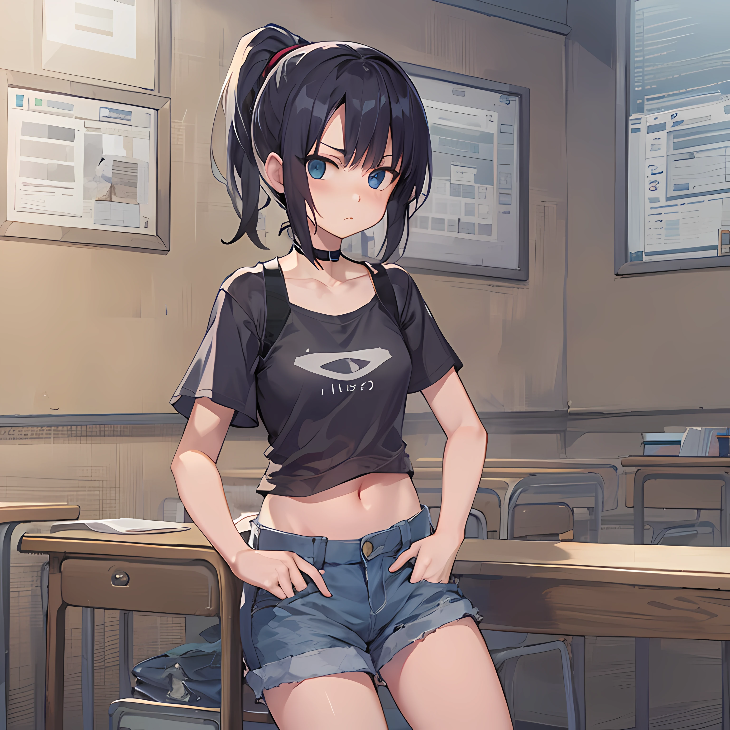 (high quality) Single anime girl, mean frown, short black hair in a ponytail, black tight tanktop, flat chest, jean shorts, no boobs, school background