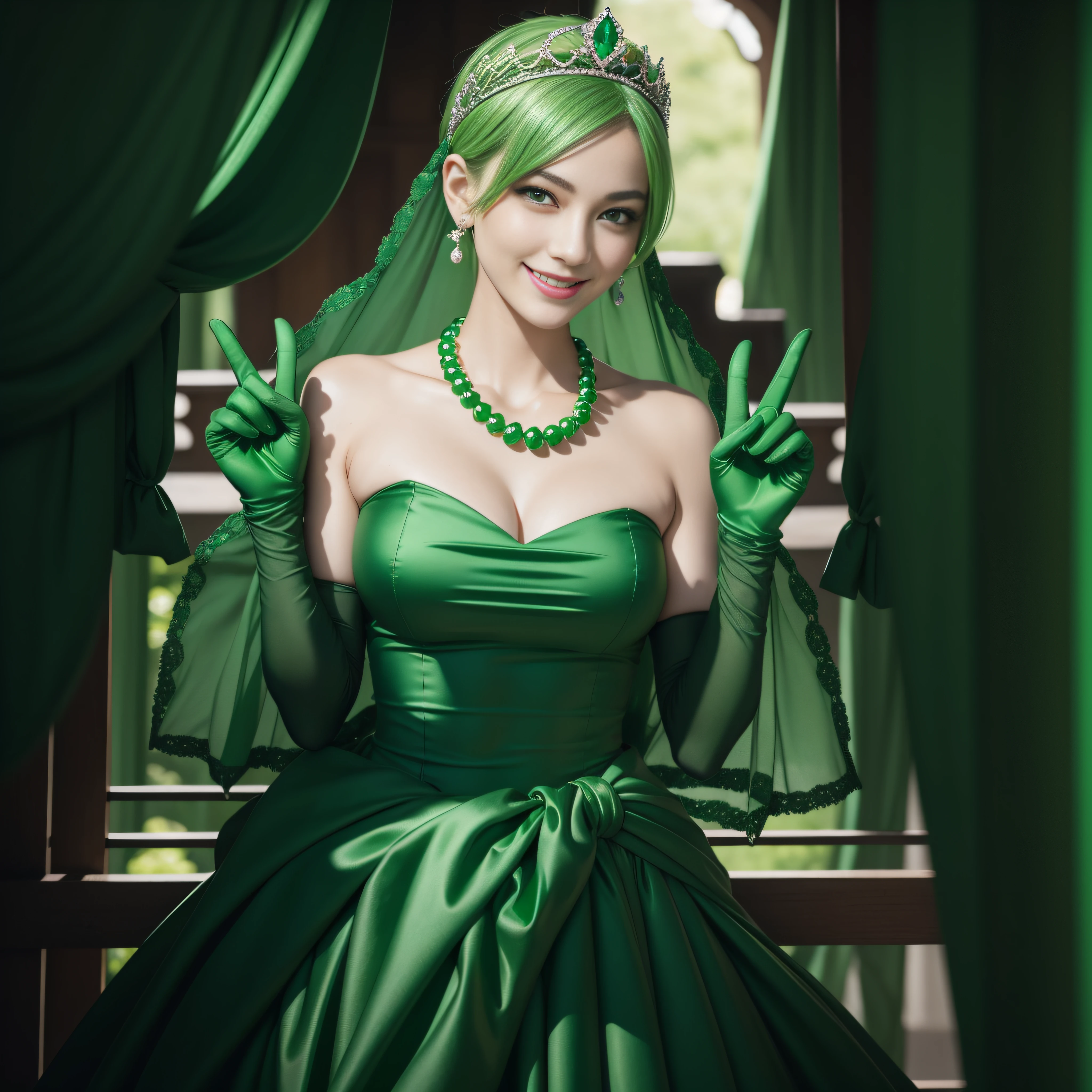emerald tiara, Green Pearl Necklace, Boyish very short green hair, lipsticks, Japan woman smiling, very short short hair, big breasts beautiful, Green eyes, Long green gloves made of satin material, Green eyes, Emerald Earrings, green vale, v sign