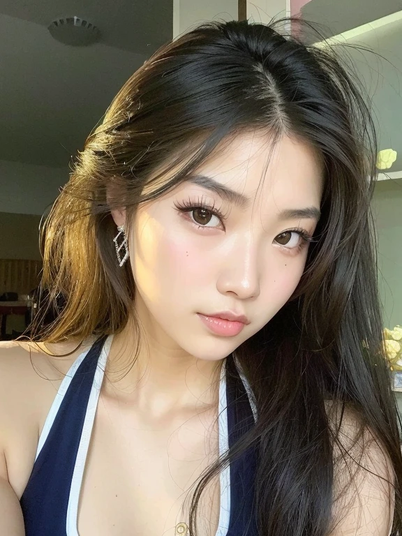 There is a woman with long hair wearing a blue top, maquiagem sul-coreana popular, maquiagem coreana popular, jennie blackpink, Mulher sul-coreana bonita, Ulzzang, coreana, Sakimichan, young cute wan asian face, beautiful aesthetic face, linda mulher coreana jovem, mulher coreana jovem bonita, young adorable korean face, Rosto bonito das meninanesas