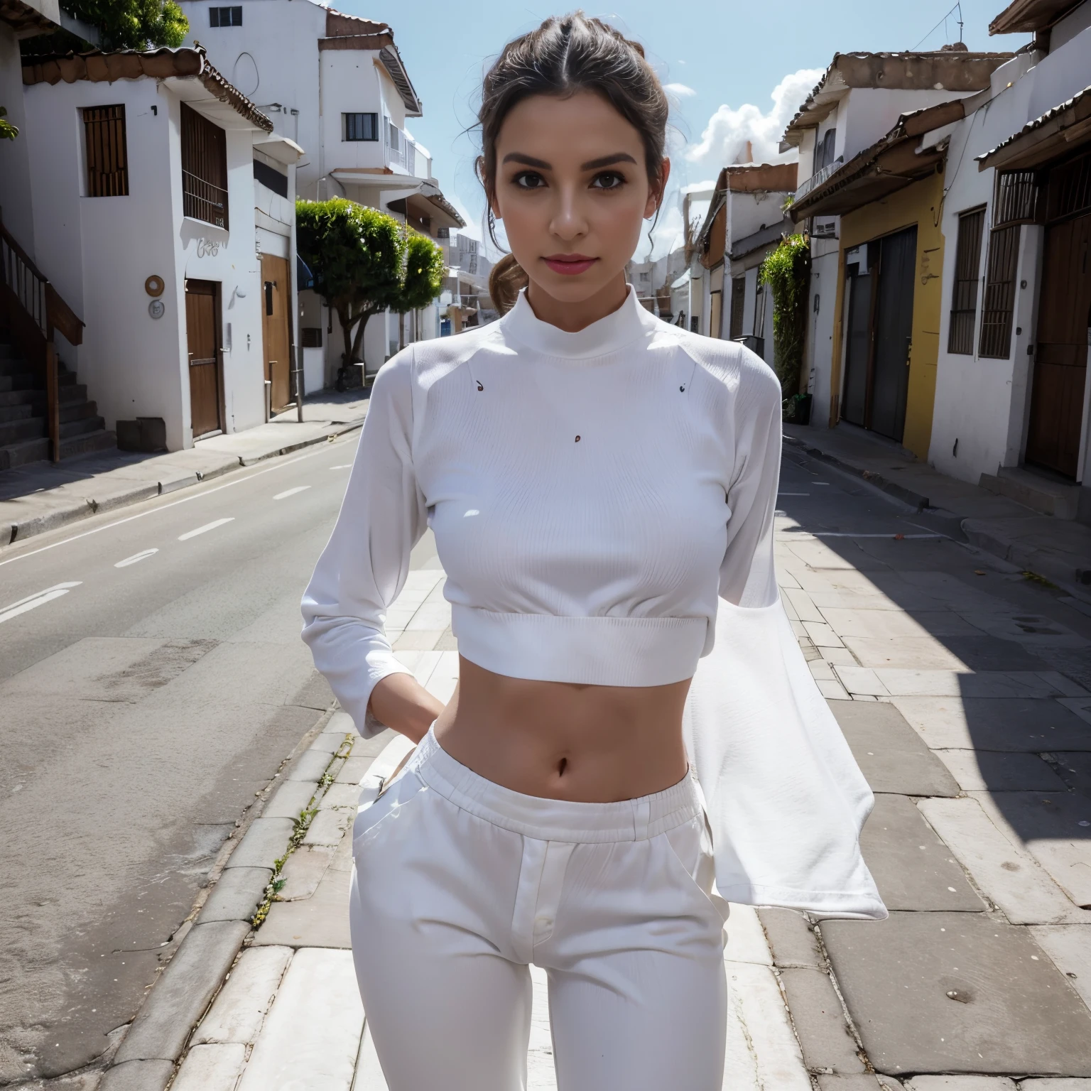 araffe woman in white soft pants and cropped top posing for a picture, an album cover inspired by Esaias Boursse, trending on cg society, happening, white trendy clothes, casual white garment, trendy white clothing, cropped wide sleeve, white clothing, white outfit, all white, wearing a cropped top, smirk, beautiful girl, streets of Colombia