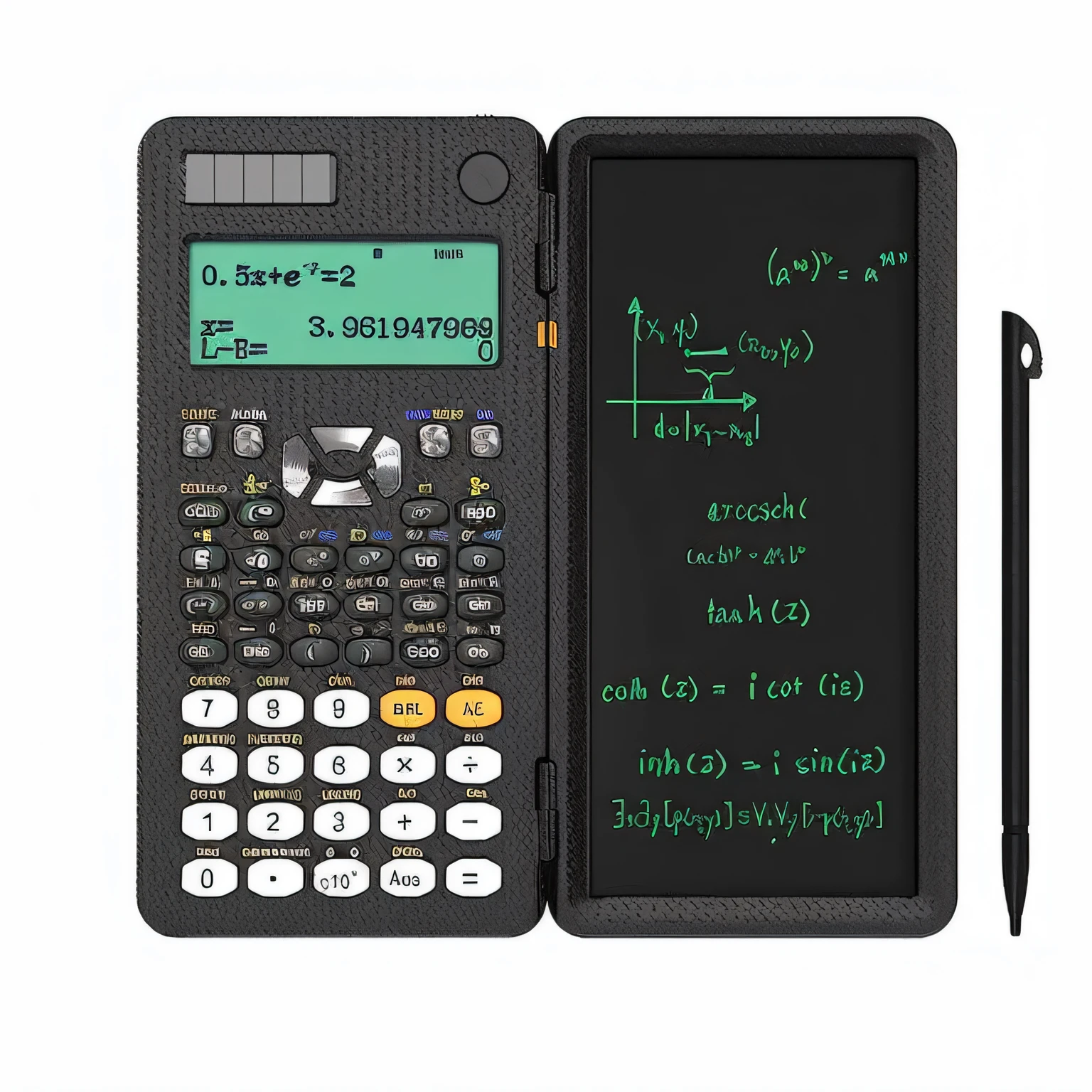 a close up of a calculator with a pen and a notepad, handheld, calculus, psion, full subject shown in photo, student, 🎨🖌️, x = √ 4 5 y + 1 2 5 z, ergodox, fhd, ax, f 5. 8, f5.6, professor calculus, full - view, 5 d