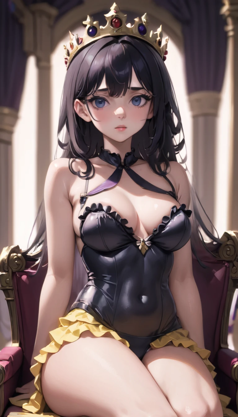 (masterpiece, best quality), portrait, upper body shot, 1 girl, perfect body, big breasts, perfect eyes, ruffled lingerie, sitting pose, simple throne, black crown, royal throne room with elaborate details, natural lighting, clean lines, perfect illustration