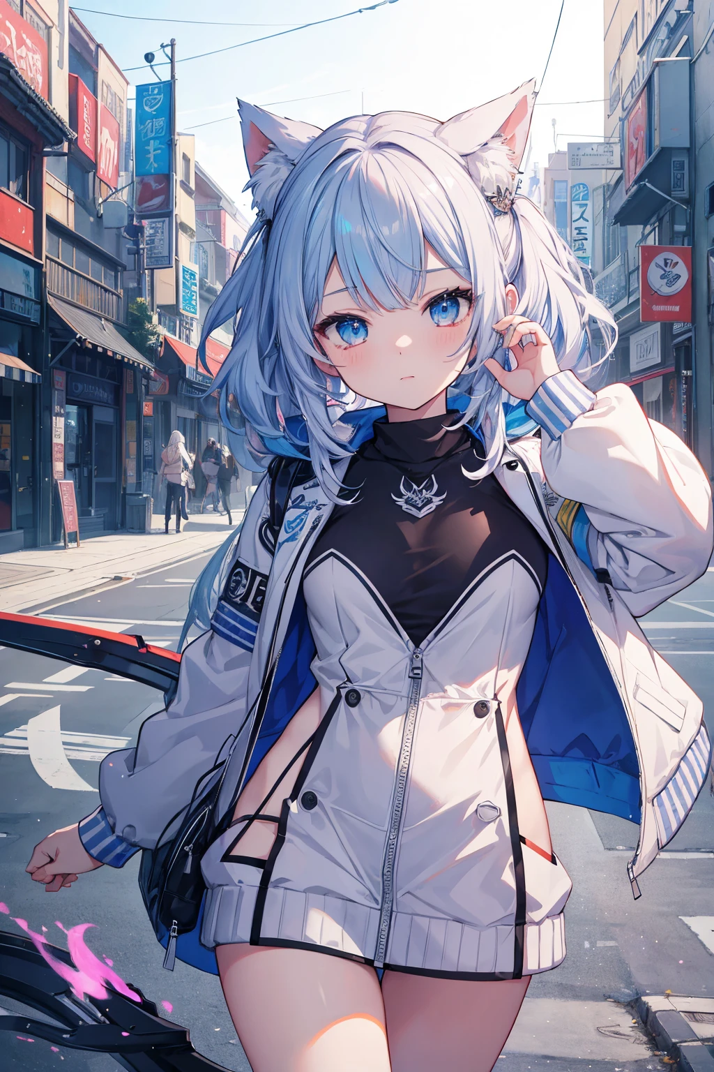 Masterpiece, top-notch quality, 4K Ultra HD, Gura Gawr vtuber from Hololive in a white varsity jacket, posing for a photo. Art inspired by Guweiz's style, detailed digital anime artwork, impeccable artistic work.