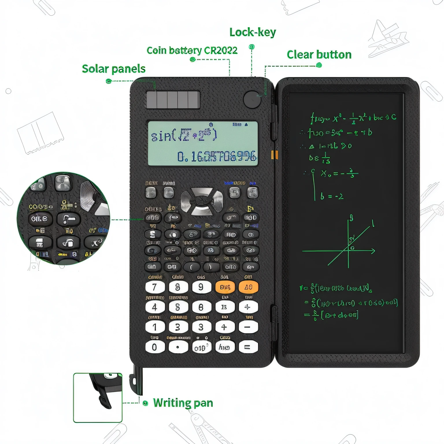 a close up of a calculator with a black background, full subject shown in photo, student, math, scholar, above view, calculus, handheld, cad, 1 8 0 0 dpi, uses c4, ax, full - view, 20b parameters, maths, top view, rendering, 1200 dpi, 1 2 0 0 dpi