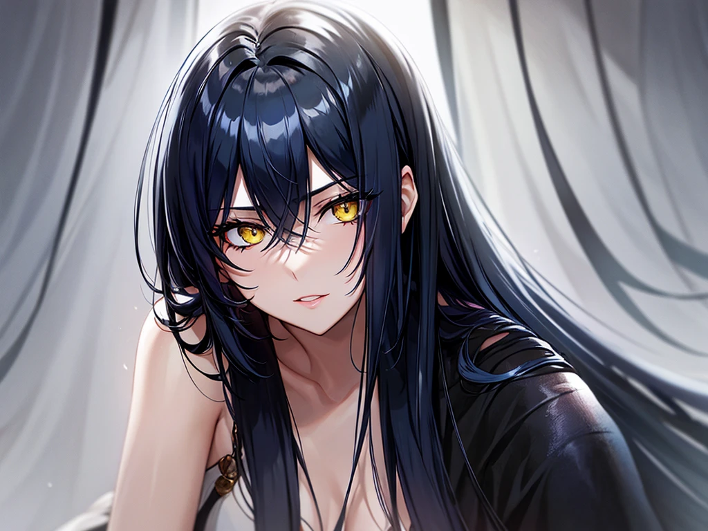 Beautiful woman with long blue-black hair and sharp yellow eyes