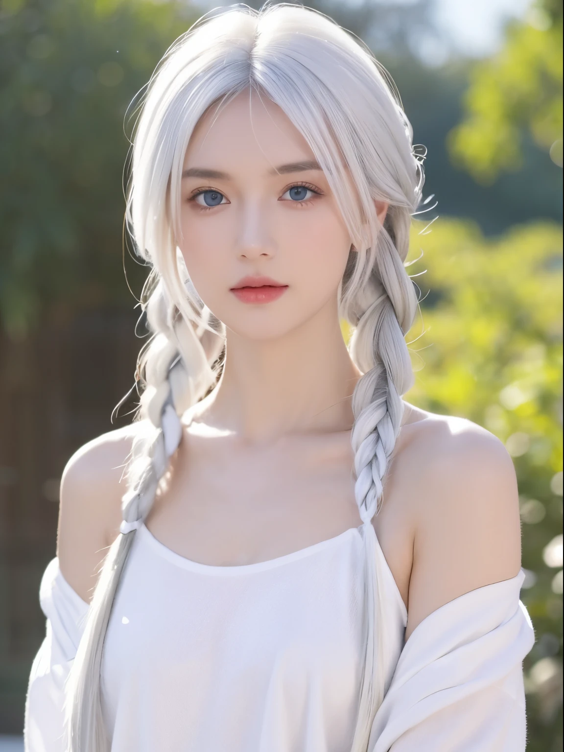 Excellent, tmasterpiece, White hair, eBlue eyes, white clothes, Upper part of the body, the hair, Fair skin, Side braids, Best quality