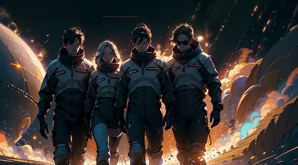 (((Three people ))) A group of astronauts walking in to the rocket, ready to take off, (((two man one woman)), dark clouds, sundown golden sun, thin rain falling, late afternoon. 4k, unreal engine, cinematic, high quality image