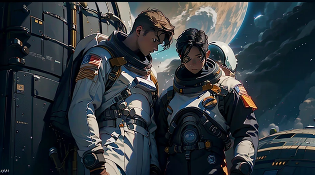 (((Three people ))) A group of astronauts walking in to the rocket, ready to take off, (((two man one woman)), dark clouds, sundown golden sun, thin rain falling, late afternoon. 4k, unreal engine, cinematic, high quality image