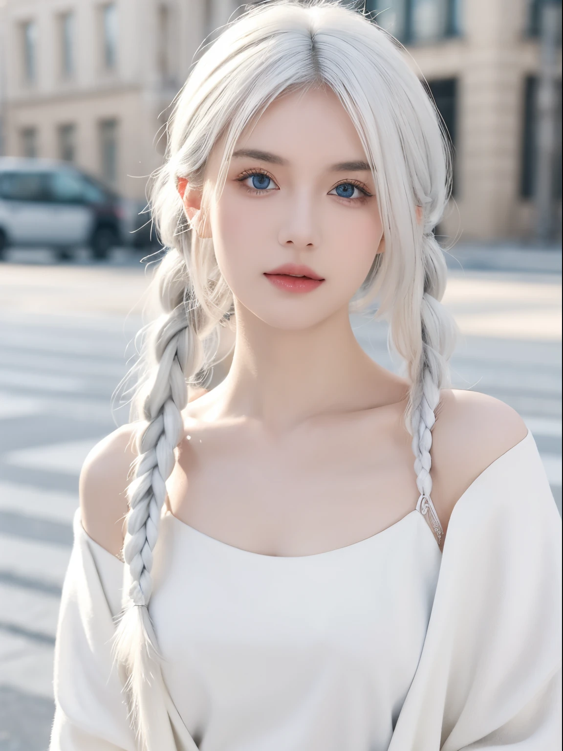 Excellent, tmasterpiece, White hair, eBlue eyes, white clothes, Upper part of the body, the hair, Fair skin, Side braids, Best quality