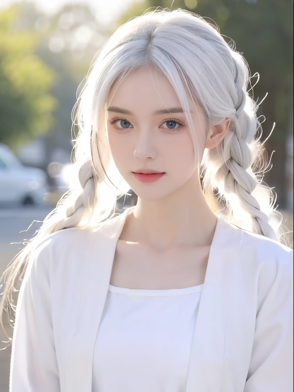 Excellent, tmasterpiece, White hair, eBlue eyes, white  clothes, Upper part of the body, the hair, White skin of the, Side braids, Best quality at best