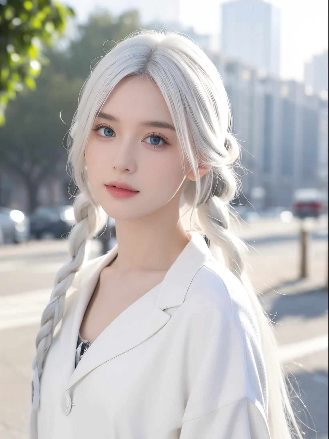 Excellent, tmasterpiece, White hair, eBlue eyes, white  clothes, Upper part of the body, the hair, White skin of the, Side braids, Best quality at best