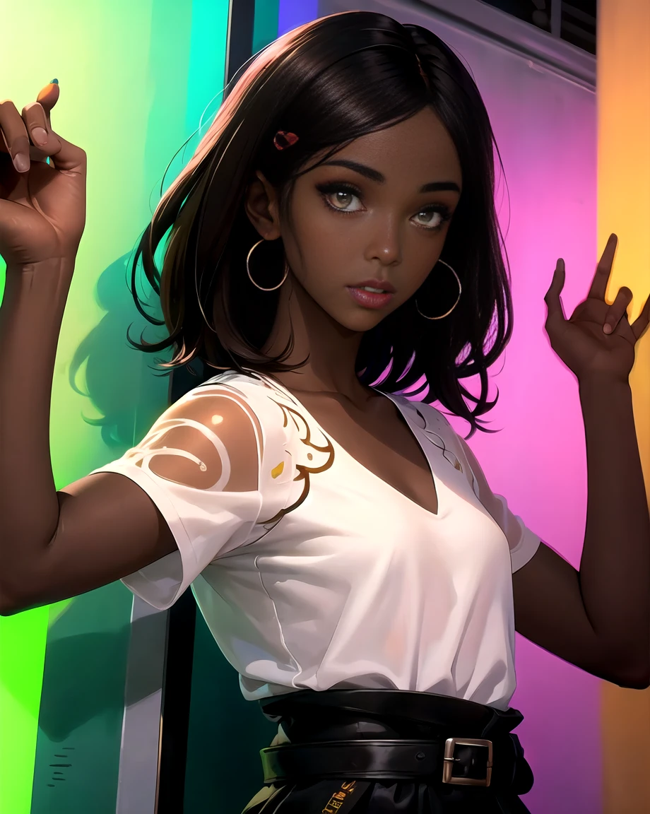 Illustration (colorful neon wall graffiti) hyper realistic image of a Black Woman with brown skin, dark brown skin, character art, softly backlit hair, realistic detailed emotional eyes, wearing urban skater dresses fashion, intricate details, perfect flat watercolor masterpiece, chemiluminescence, realistic face, perfect body, clear detailed eyes