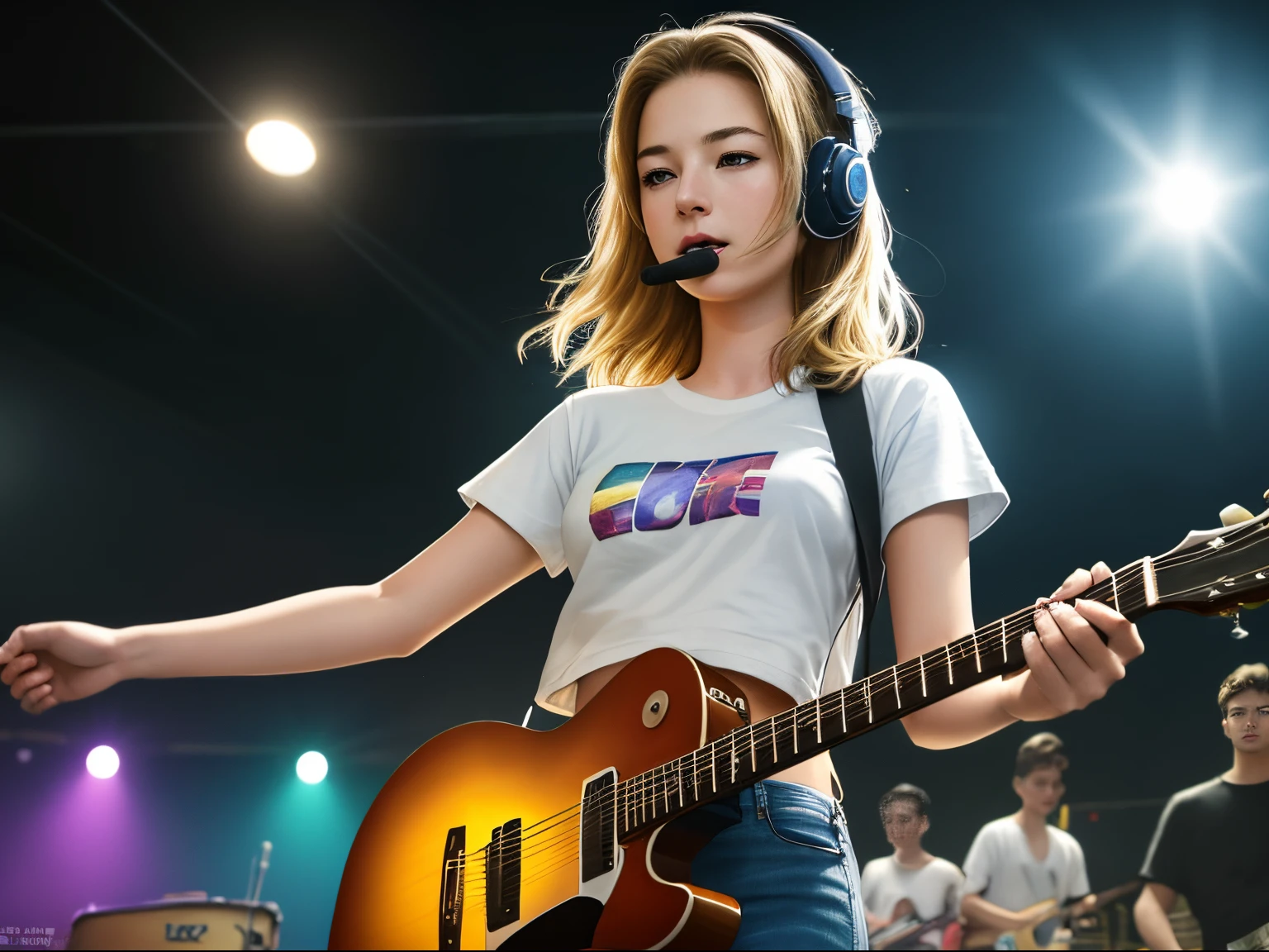 top quality 32k raw photo of 18-year-old Emily VanCamp wearing white T shirt and jeans skirt and headphone. navel look. she is on the disco stage playing guitar. colorful lights,