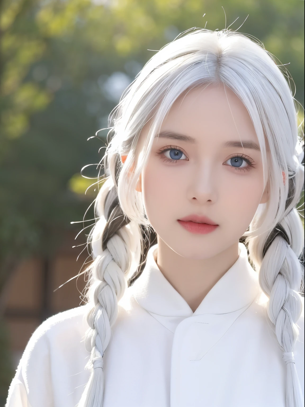 Excellent, tmasterpiece, White hair, eBlue eyes, white clothes, Upper part of the body, the hair, White skin of the, Side braids, Best quality at best