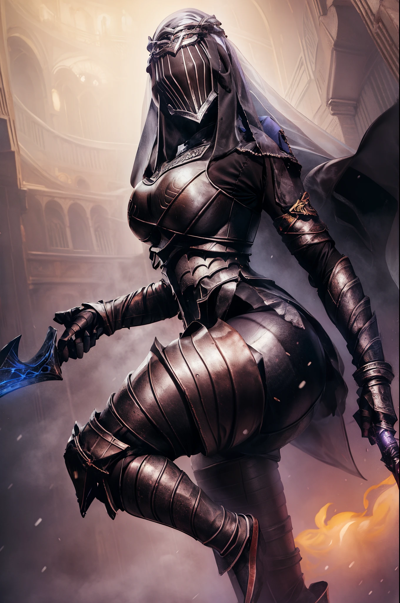 1girl, Solo, 8k, Top-quality, Masterpiece, Super high resolution, Realistic, Cinematic, fullbody, helm, silver, knight, twin sword, pantyhose, hand on the chest, blue veil, hair ornament, big boobs, big ass, Thick thighs, snow