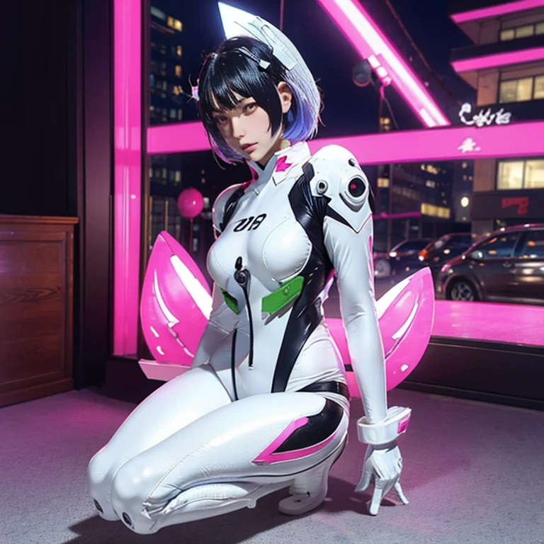 r_ap82_, (realistic, photorealistic), 1girl, black hair, short hair, white hair ornament, ((white bodysuit, gloves)), thighs, (full body), sitting on the ground, (full body shot),(masterpiece, high quality, best quality), (colorful),(delicate eyes and face), volumatic light, ray tracing, extremely detailed CG unity 8k wallpaper,solo((flying petal)),outdoors, ((cyberpunk)), cyber city, ((neon trim)), night,(cityscape),