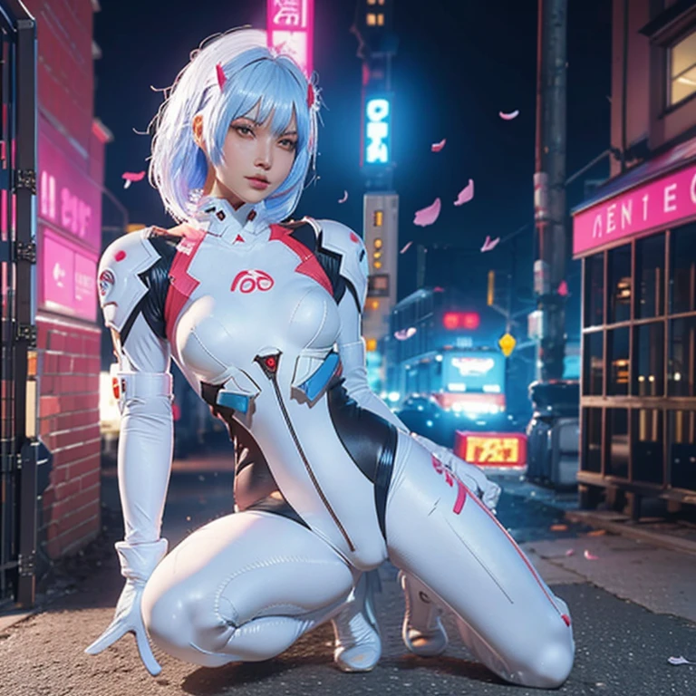 r_ap82_, (realistic, photorealistic), 1girl, black hair, short hair, white hair ornament, ((white bodysuit, gloves)), thighs, (full body), sitting on the ground, (full body shot),(masterpiece, high quality, best quality), (colorful),(delicate eyes and face), volumatic light, ray tracing, extremely detailed CG unity 8k wallpaper,solo((flying petal)),outdoors, ((cyberpunk)), cyber city, ((neon trim)), night,(cityscape),