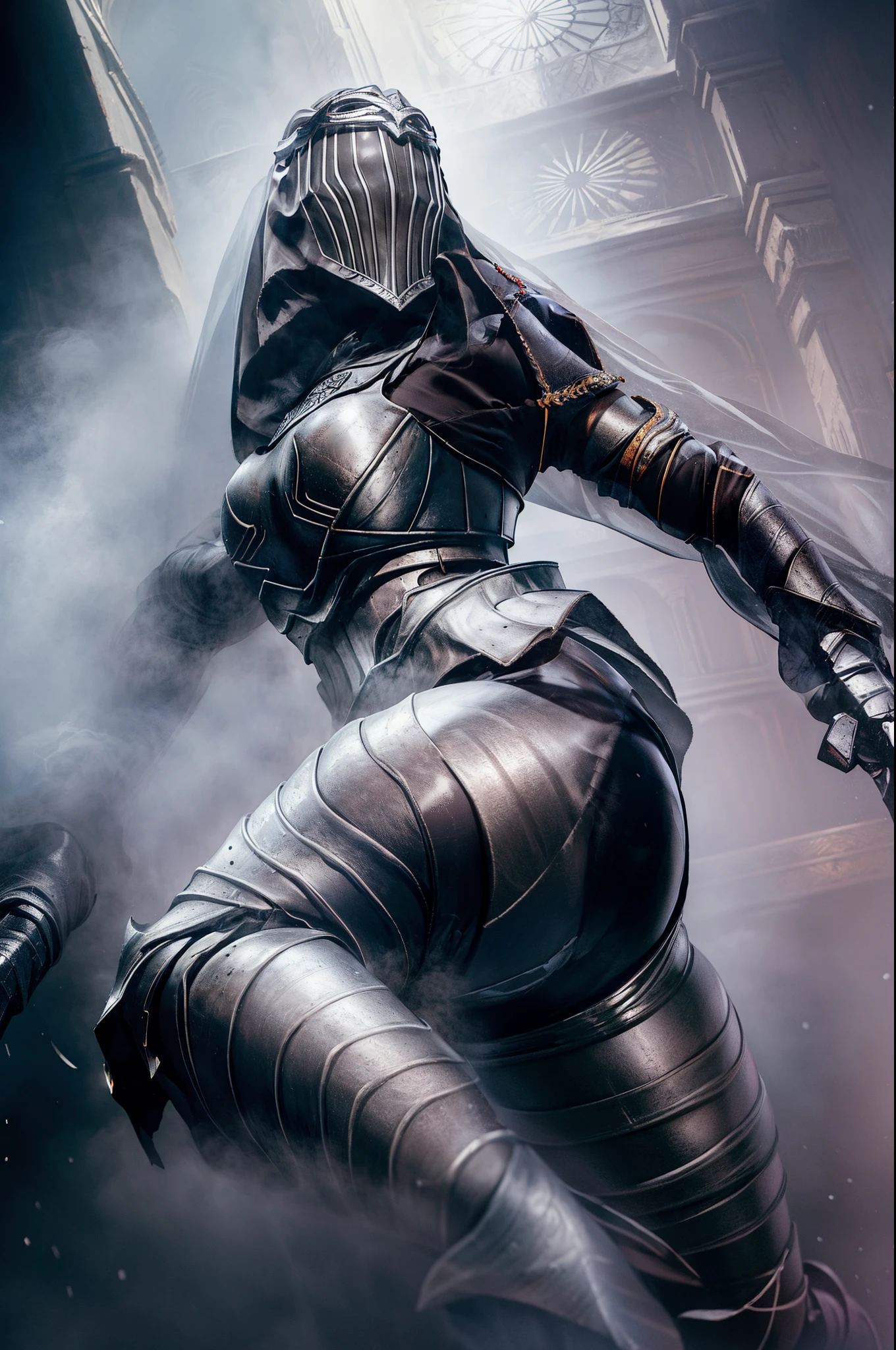 1girl, Solo, 8k, Top-quality, Masterpiece, Super high resolution, Realistic, Cinematic, fullbody, helm, silver, knight, twin sword, pantyhose, hand on the chest, blue veil, hair ornament, big boobs, big ass, Thick thighs, snow