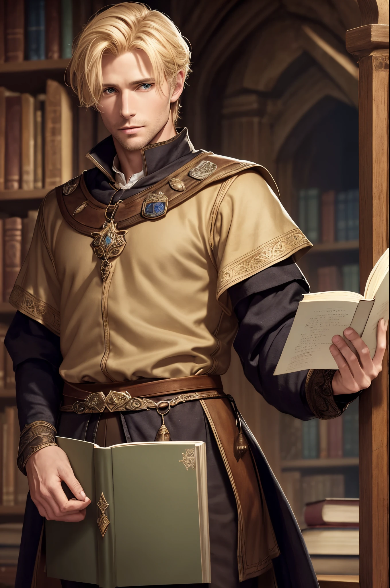 Portrait of a fantasy male blond human librarian, short messy hair, thirty years old, handsome, D&D character, medieval librarian, fantasy character, holding a book, without glasses, no glasses