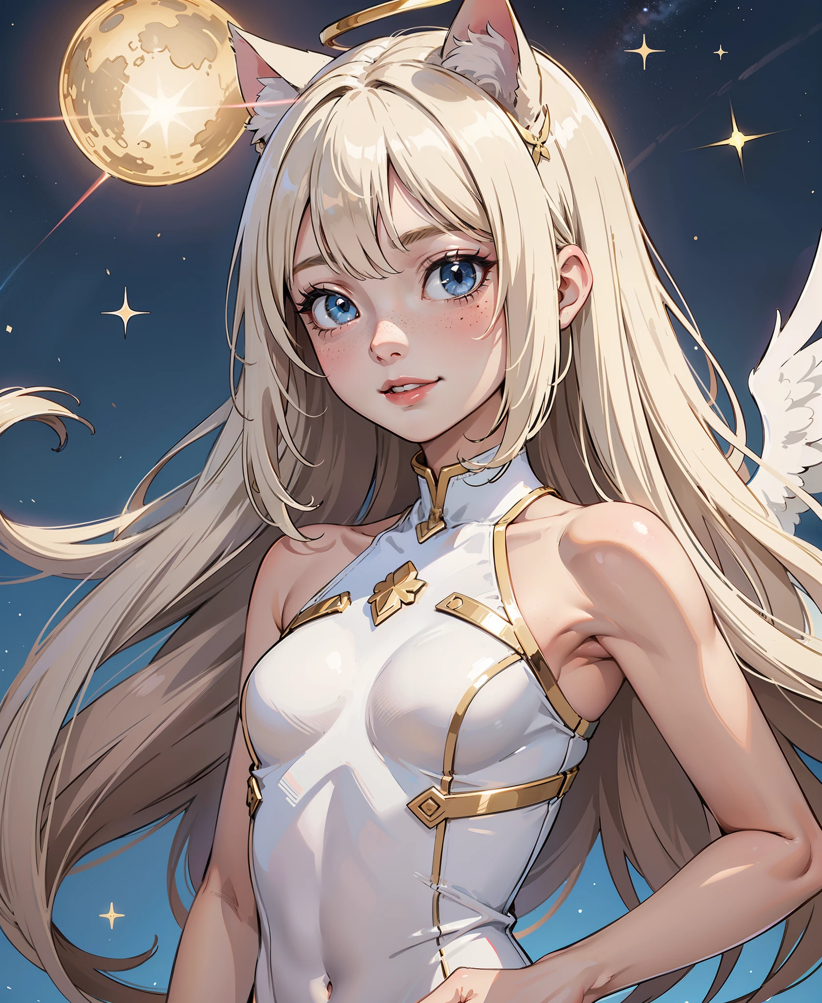 (masterpiece, sidelighting, finely detailed beautiful eyes: 1.2), masterpiece, 3d face, lustrous skin, heavenly, t2 artworks, freckles, (innocent:1), pursed lips, (young:1.2), pretty, young, slim, straight hair, solo, petite, cat girl, cat ears, white blonde hair, blush, naughty face,  pretty hair,  sisters, group, dark skin, , hearts,  (white leotard), torn leotard,, planets, space, floating hair, (angel:1.1), angel wings, halo, heaven, (glowing turquoise eyes:0.7), skindentation, (holy:1.4), (golden light:1.2), blue sky magical background, colorful background, age difference,