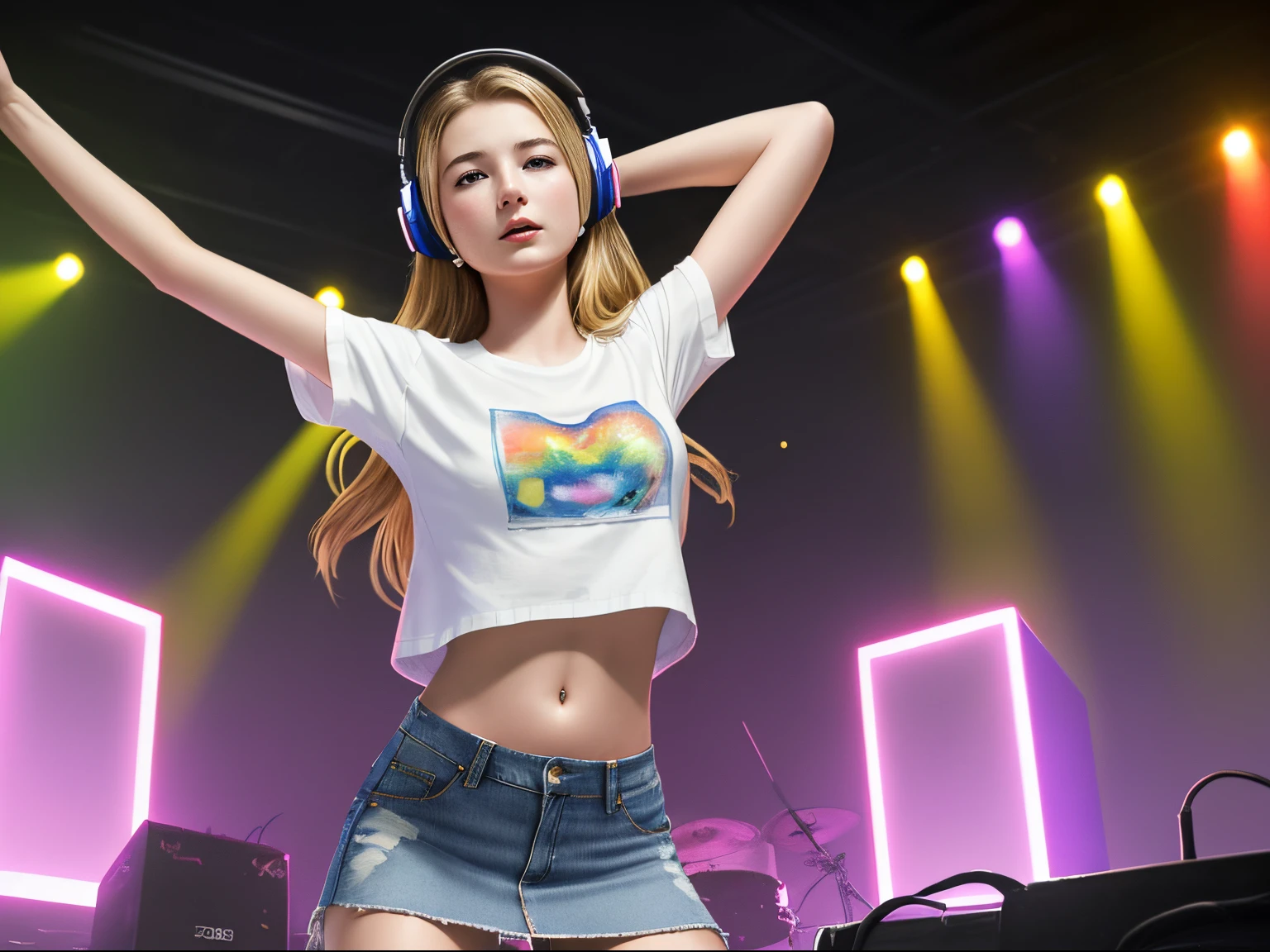 top quality 32k raw photo of 18-year-old Emily VanCamp wearing white T shirt and jeans skirt and headphone. navel look. she is on the disco stage playing. colorful lights,