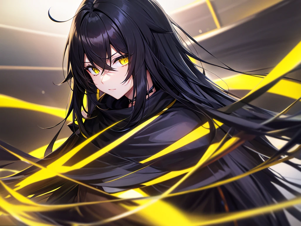 blue-black long hair, yellow and sharp eyes