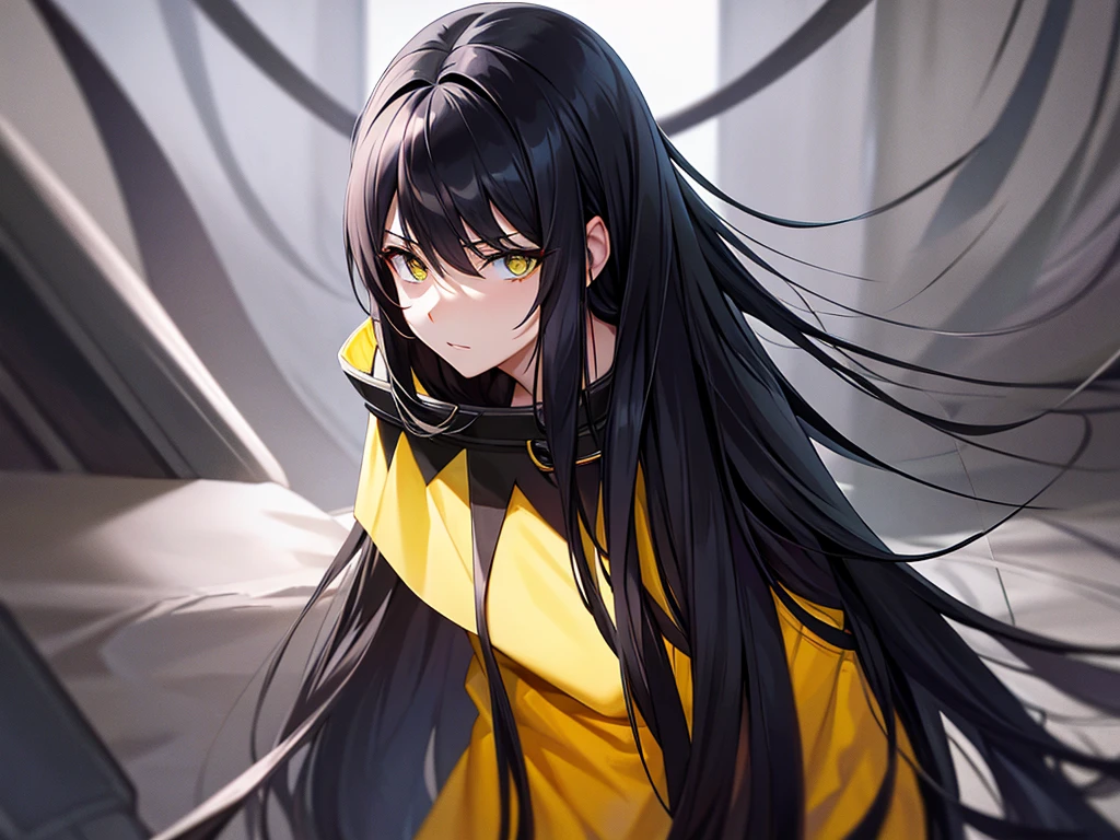 blue-black long hair, yellow and sharp eyes