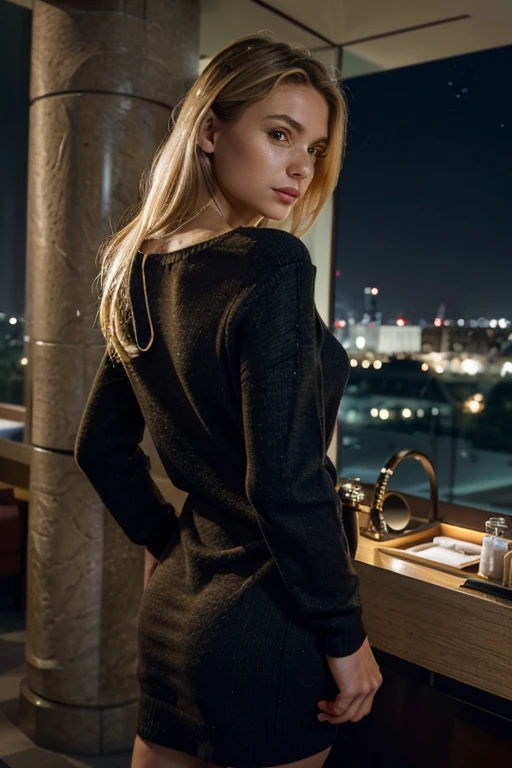 Woman posing for photo (wearing jumper_dress: 1.3), Good hands, 4K, high resolution, masterpiece, top quality, head: 1.3, (((Hasselblad photo)), fine skin, sharp focus, (film lighting), collarbone, night, dynamic angle, [:( detail face: 1.2]: 0.2], (((5 star hotel))), outside, blond hair, hands locked behind her back