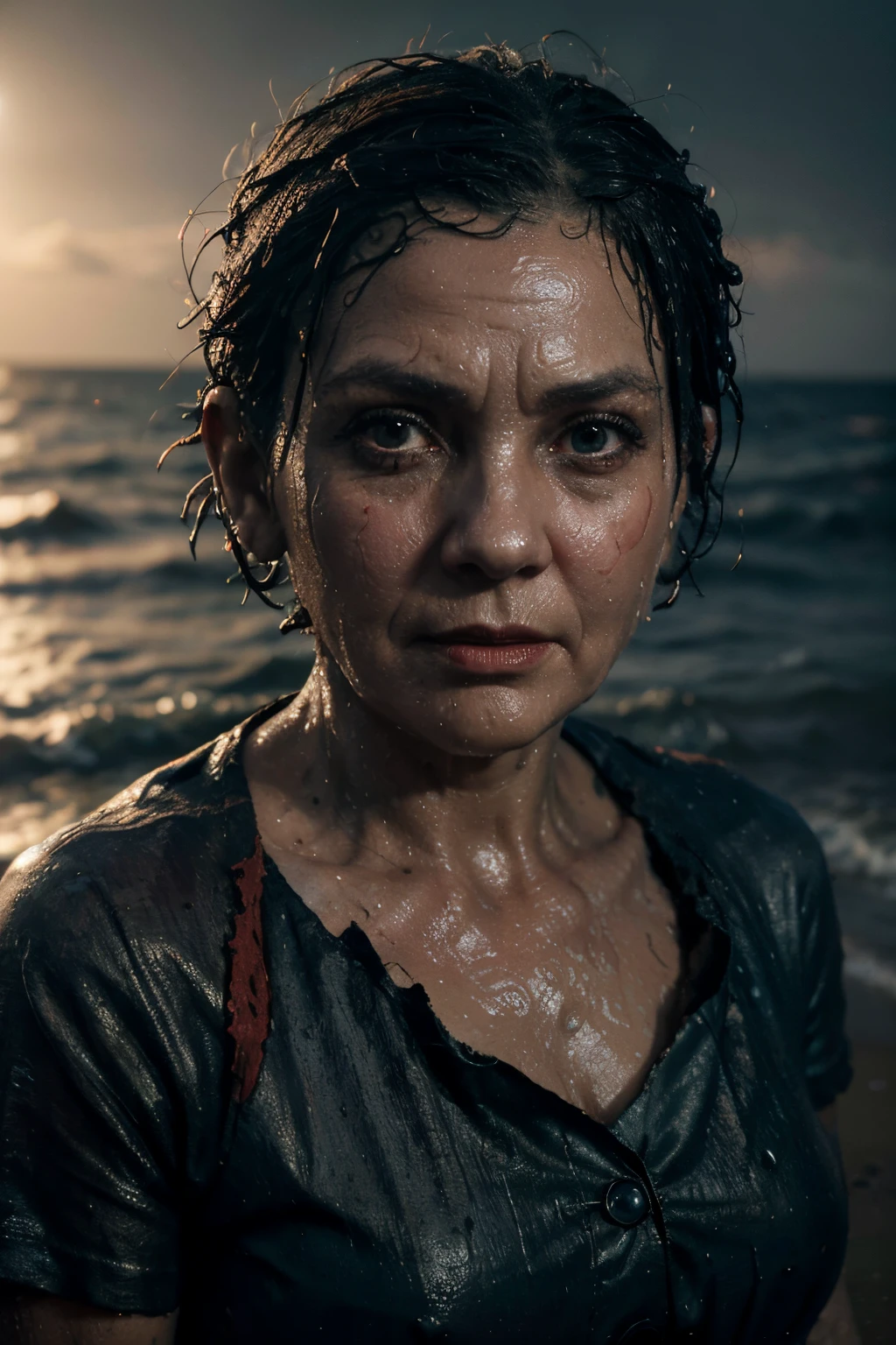 (sea creature), (extremely detailed 8k wallpaper), Dark Theme, Modern Horror, uses (torn and aged red dress), fine focus, (subsurface dispersion:1.1), (Old woman), (Gray short hair), ((Completely Wet)), centered face, dramatic lighting, expression (serious), On a beach, at night, coming out of the sea.
