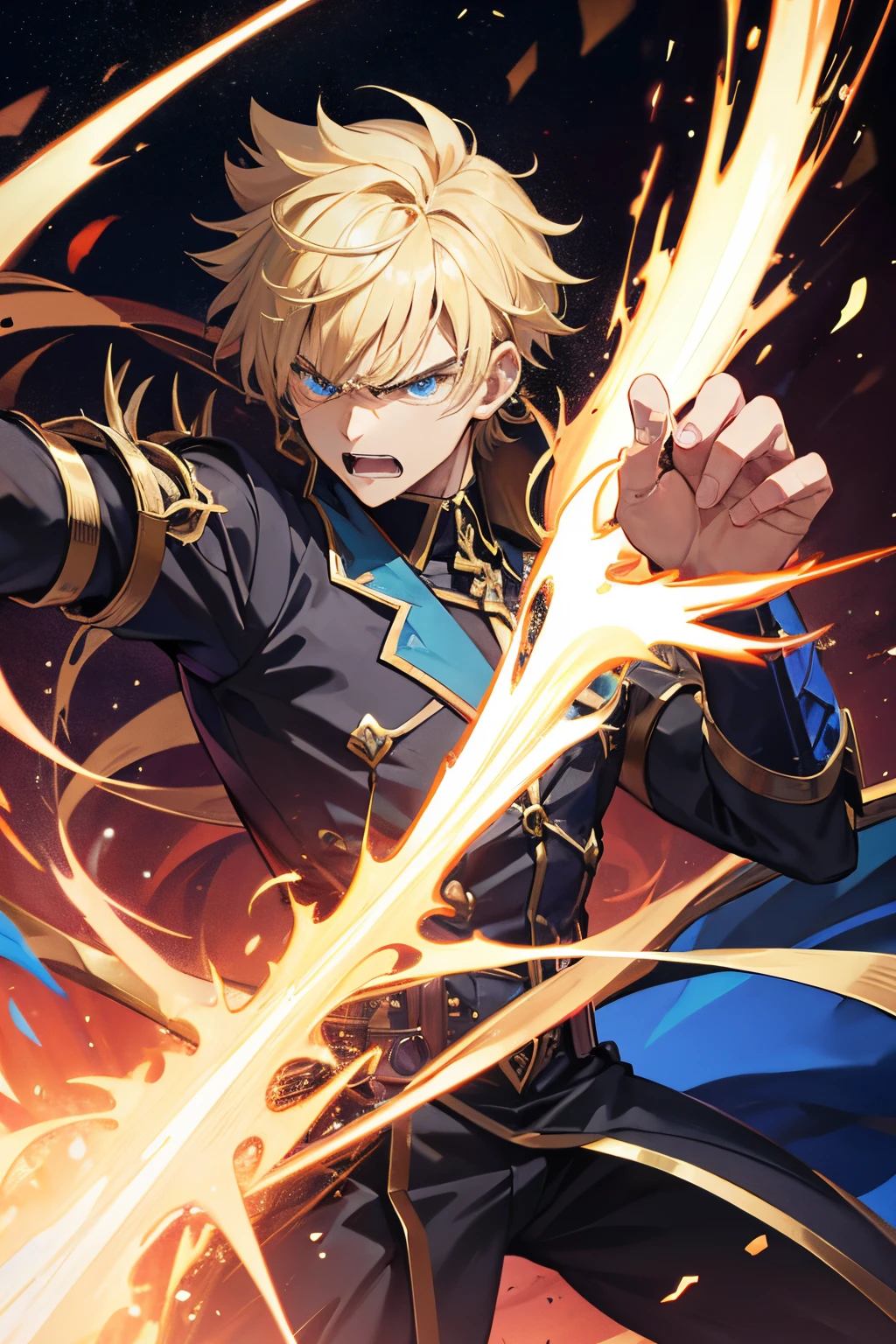 Crie um personagem masculino de anime demoniaco e calos loiros, angry, energized gauntlet in one hand