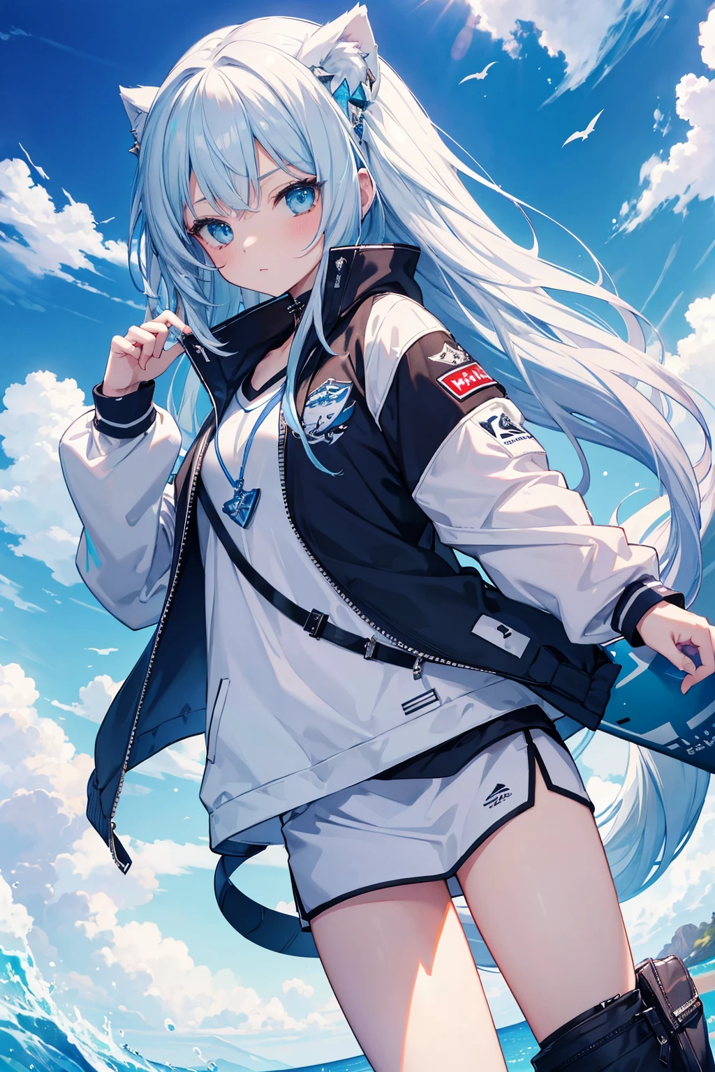Masterpiece, top-notch quality, 4K Ultra HD, featuring Gawr Gura from Hololive, girl with Shark tail in a white varsity jacket, posing for a photo. Art inspired by Guweiz's style, detailed digital anime artwork, impeccable artistic work