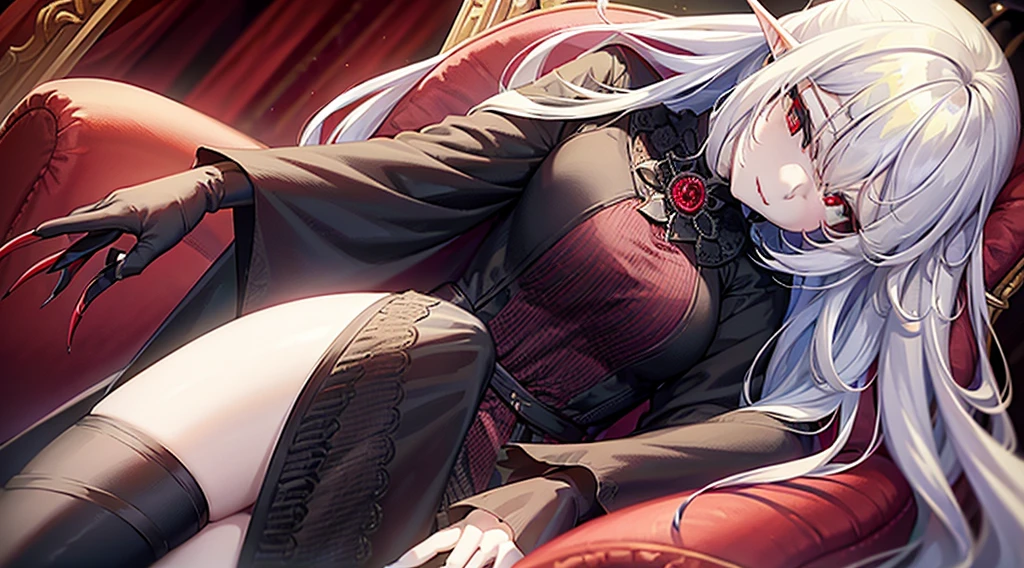 Female vampire sitting on an throne, throne room background, black and red dress, royal posture, long white hair, red eyes, pointy ears, sharp nails, (best quality)