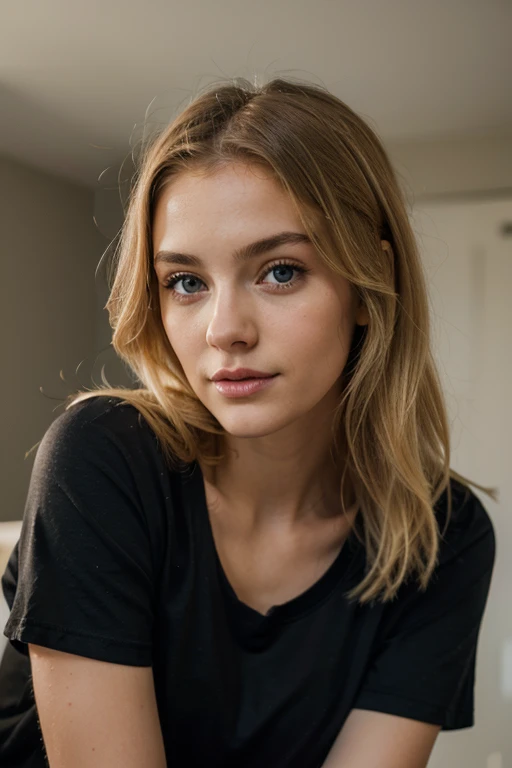 Lily Bowman), posing, modeling full body, with dark green casual outfit design, sexy smile, best quality, blur night background with Green Eyes, , Ultra Realistic, Meticulously Detailed, Portrait, Blonde Hair and Big Eyes, Selfie of a Young Woman, Green Eyes, No Makeup, Natural Makeup, Looking Directly at the Camera, face artgram, subtle make-up, Impressive photo, stand, with sexy smile, Medium and large size chest, allowing the face to be seen clearly, night