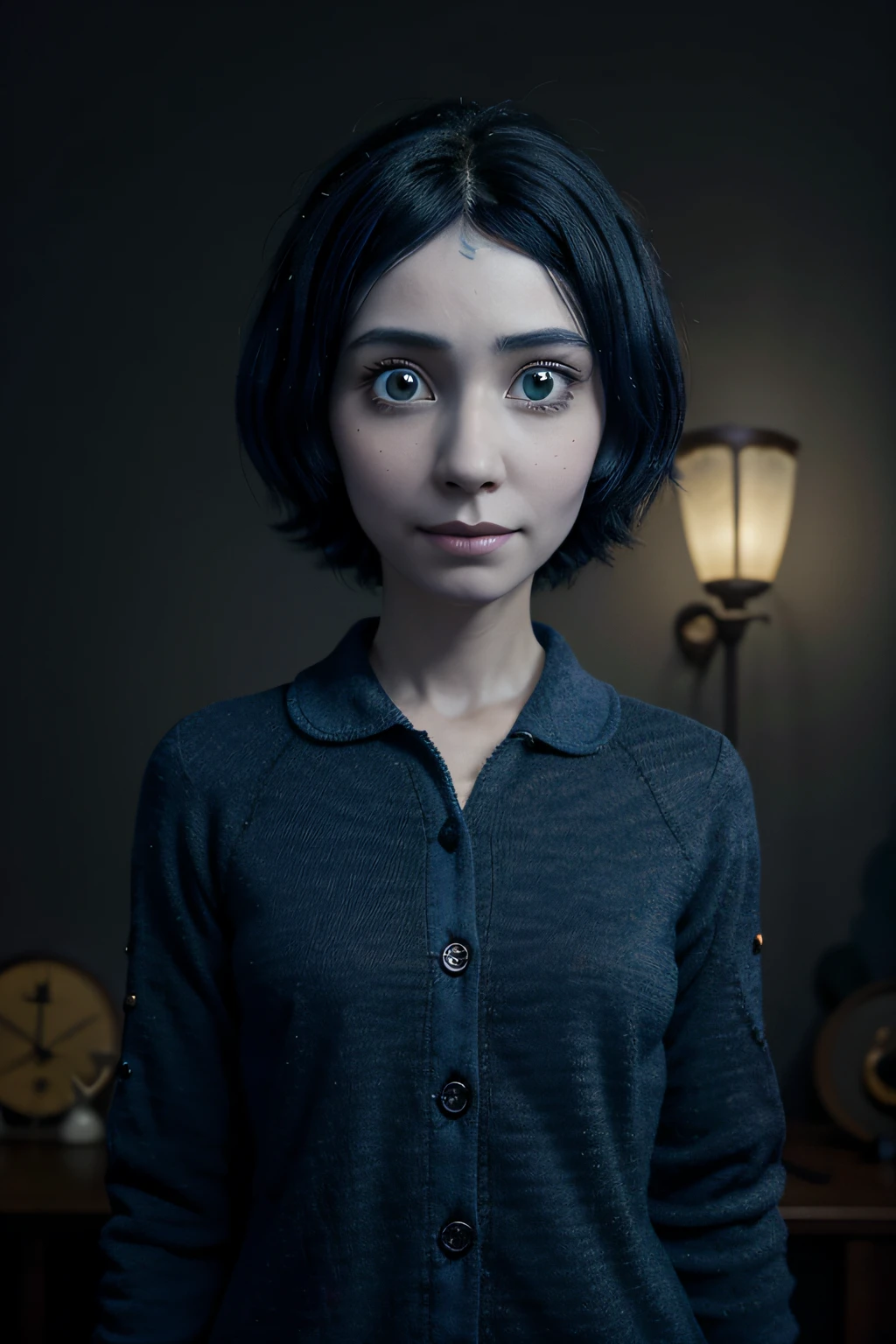 Coraline, personagem da Disney em forma de desenho realista, 8k, sharped image, blusa de frio amarela, cabelos de cor azul, with buttons in eyes
