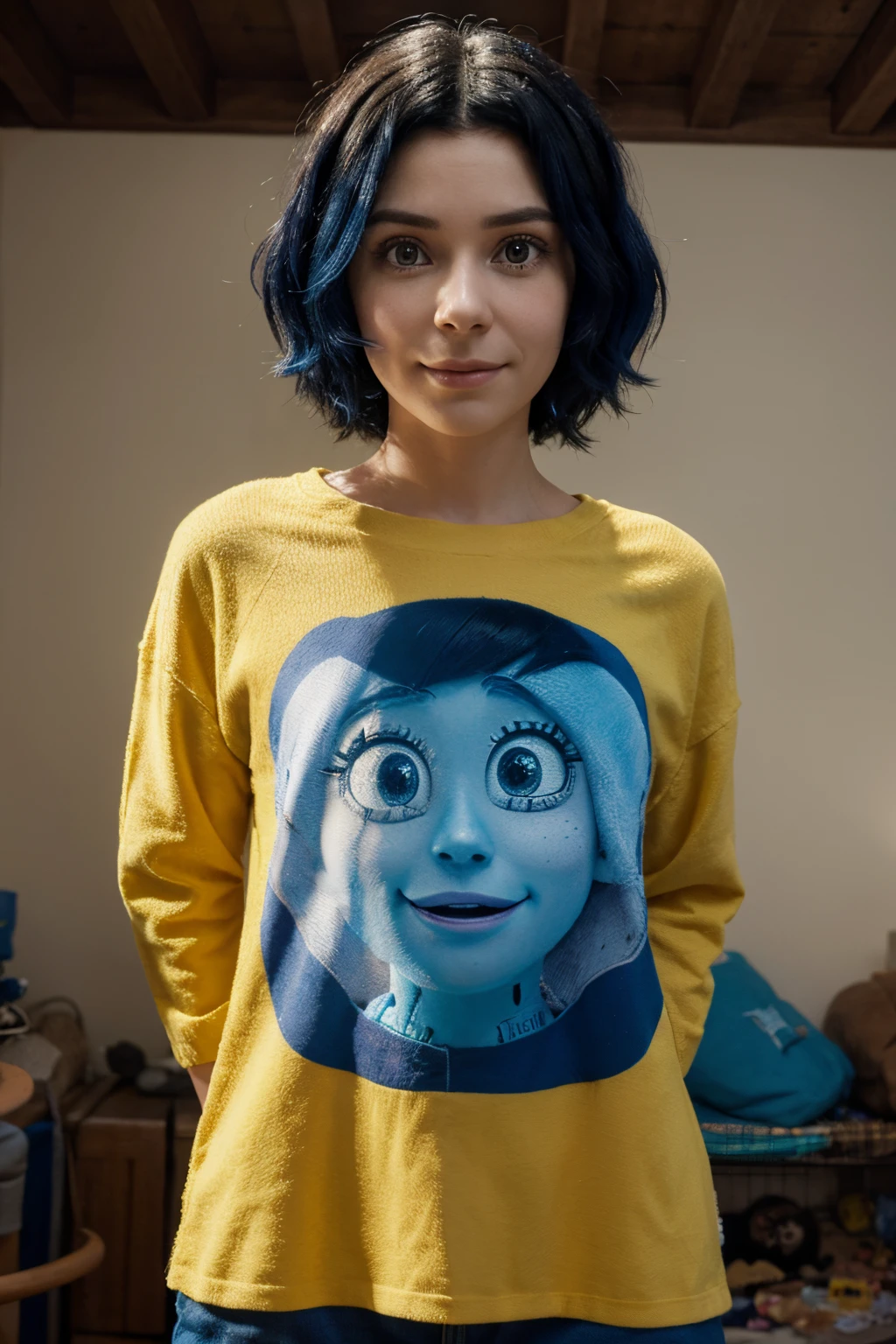 Coraline, personagem da Disney em forma de desenho realista, 8k, sharped image, blusa de frio amarela, cabelos de cor  azul