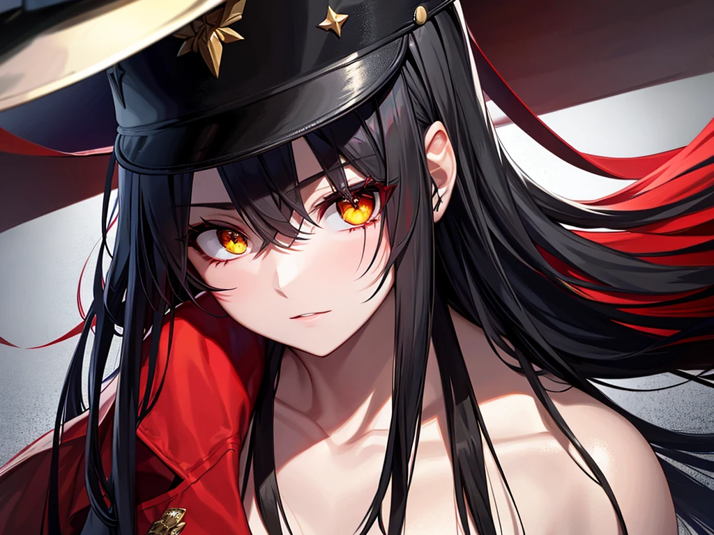 Red military cap, Red military uniform, Long black hair, yellow eyes, sharp eye