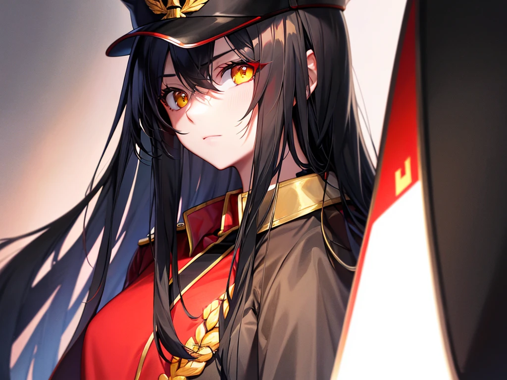 Red military cap, Red military uniform, Long black hair, yellow eyes, sharp eye
