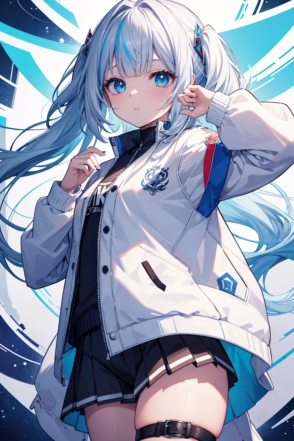 master part, top-notch quality, 4K Ultra HD, apresentando Gawr Gura de Hololive, in a white varsity jacket, posar para uma foto. Arte inspirada no estilo de Guweiz, arte de anime digital detalhada, flawless artwork