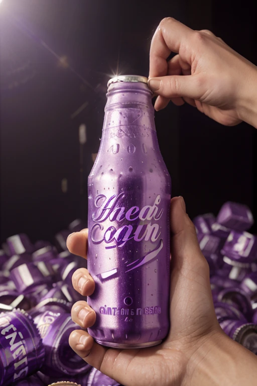 Make a product photo of a purple soda named lean in a soda can in a liminal space